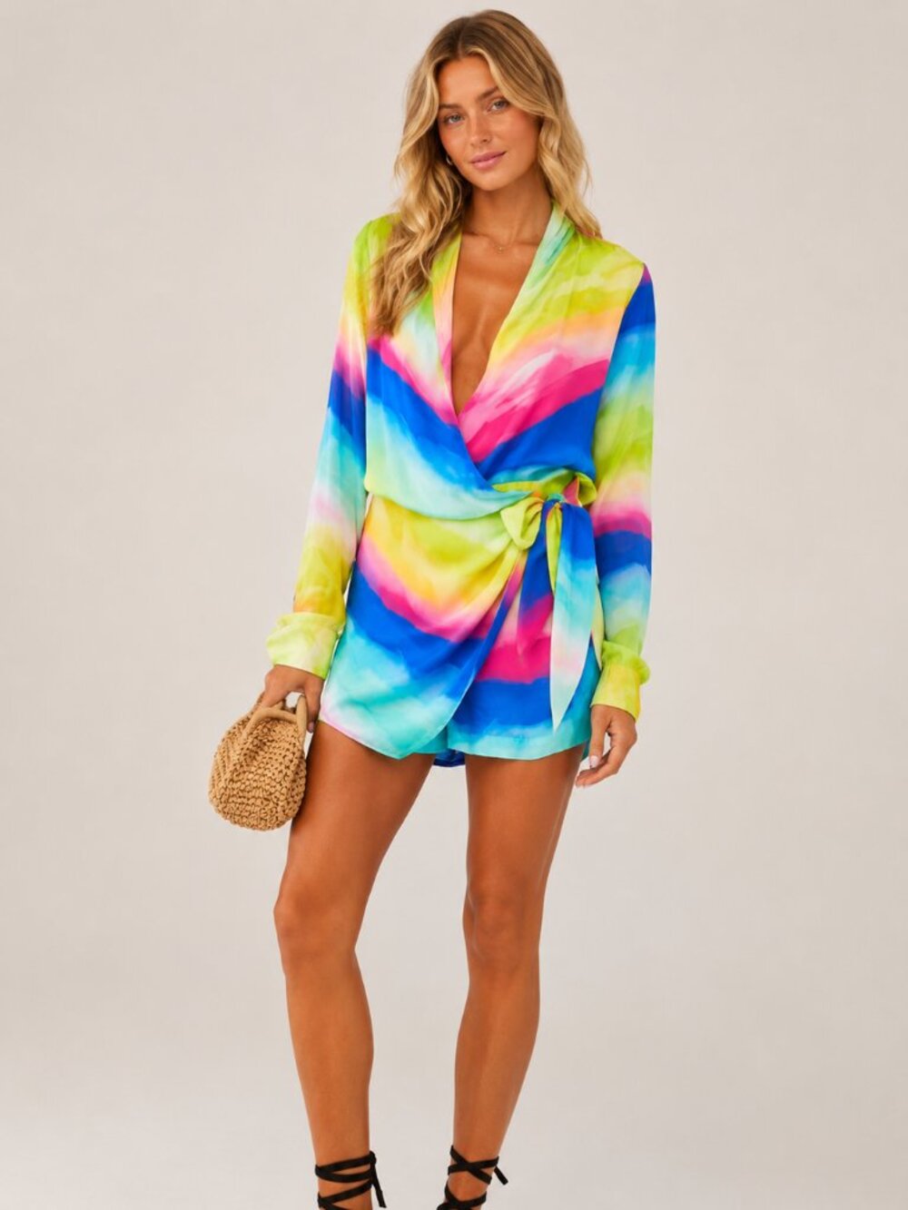 Rococo Sand Women's Rainbow Tie-Dye Long Sleeve Wrap Romper Medium 39289